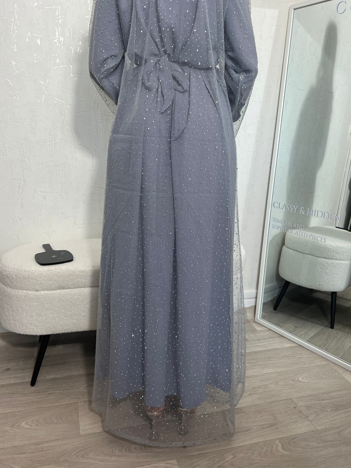 Abaya Dubaï bleue nuit/gris à strass
