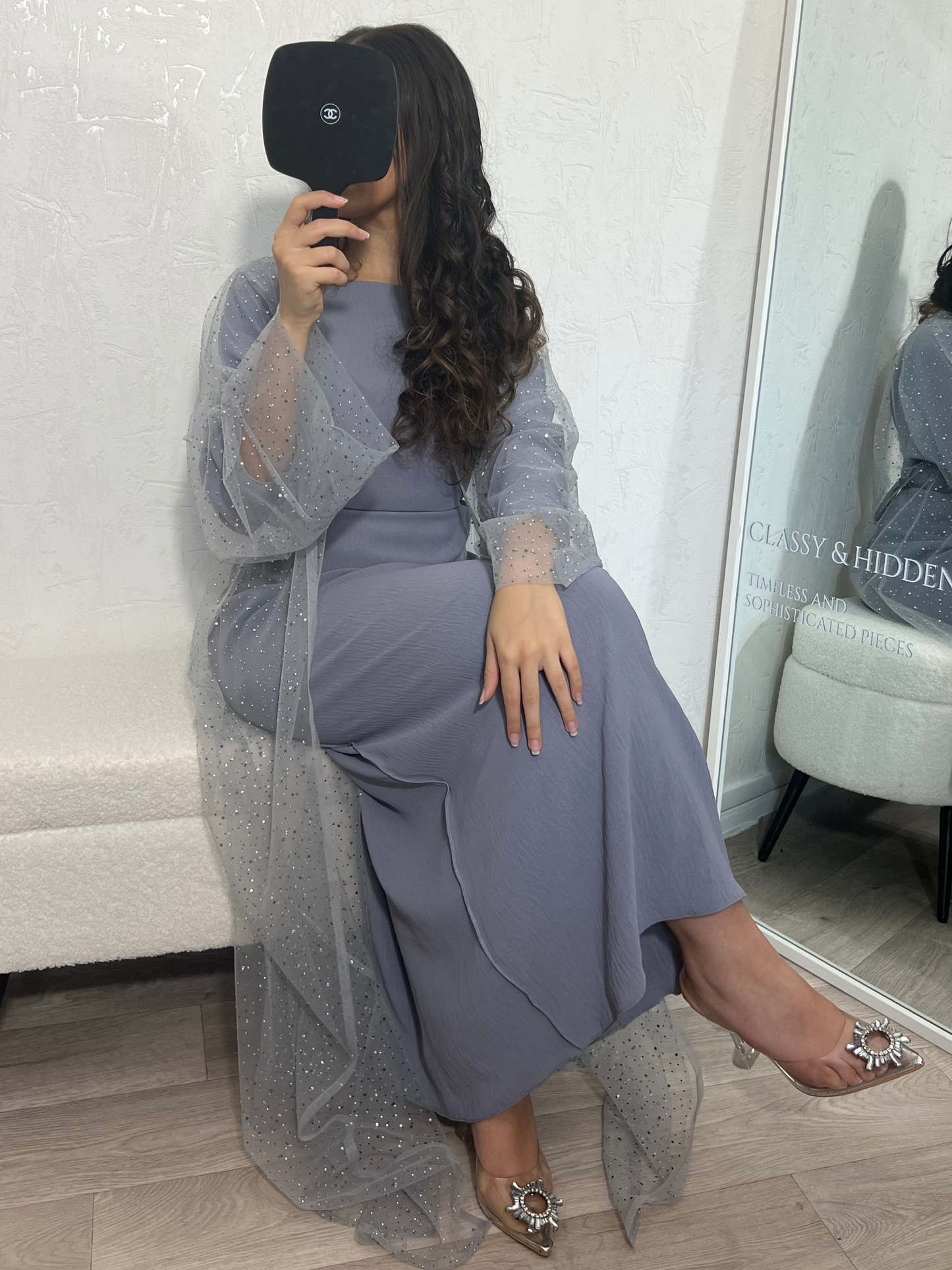 Abaya Dubaï bleue nuit/gris à strass