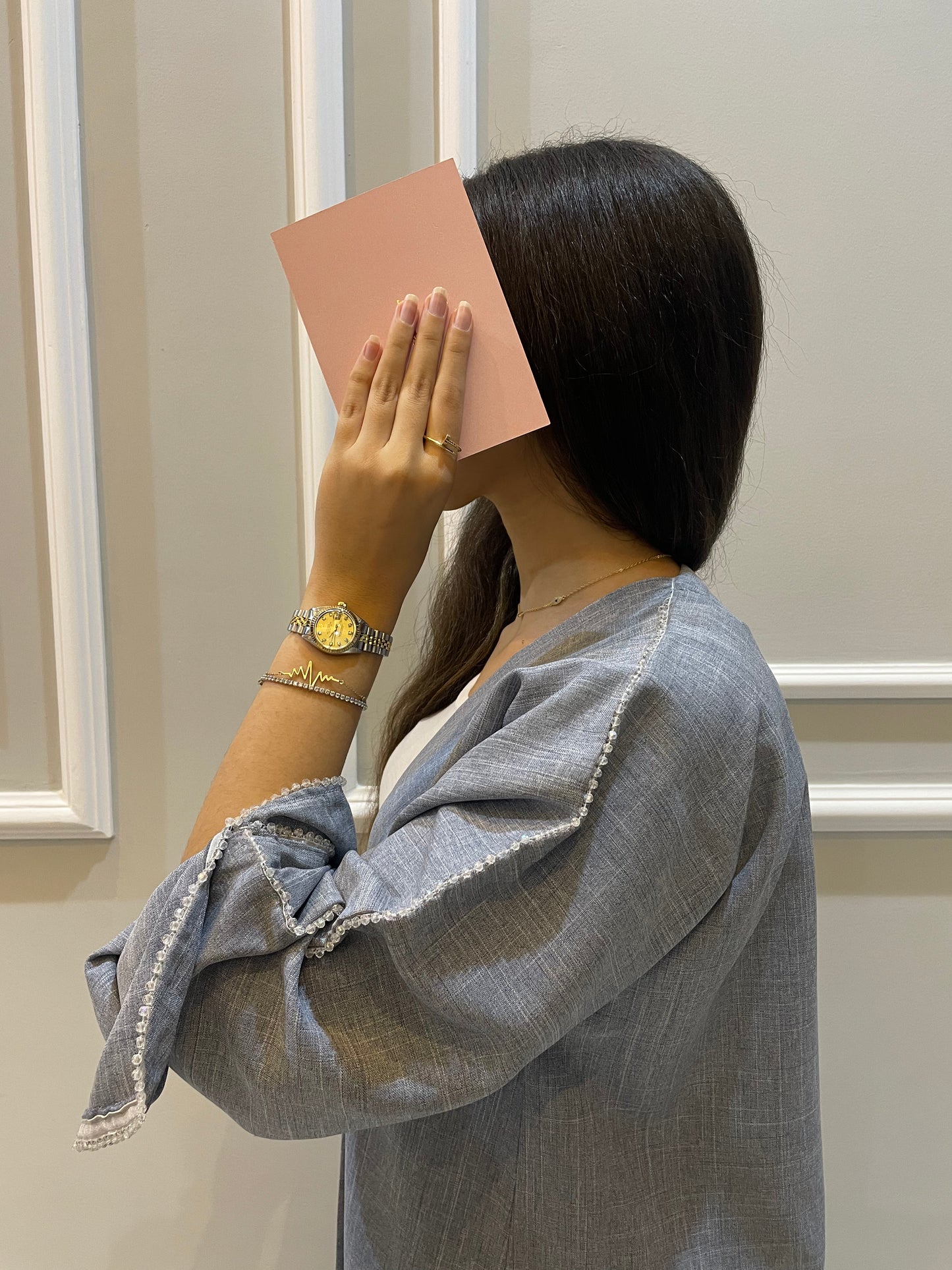 Abaya Dubaï bleu jean manches ornées de perles