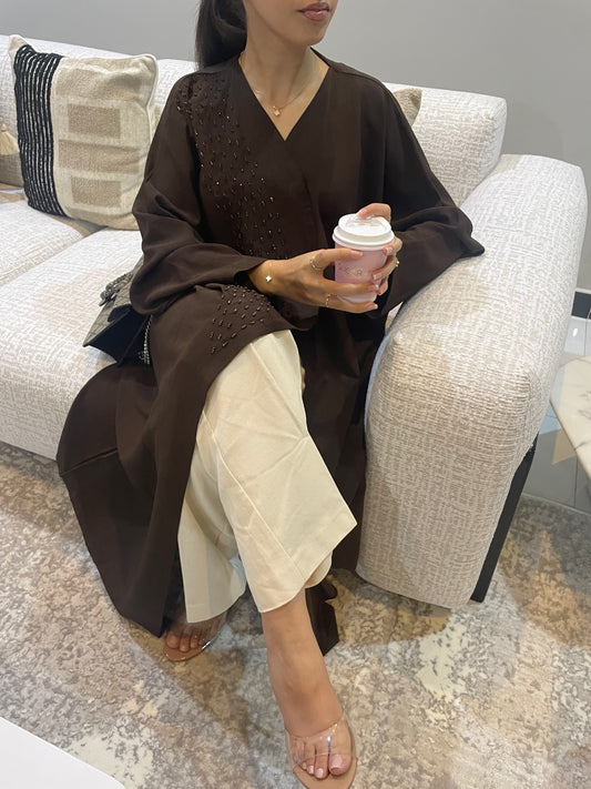 Abaya Dubaï marron à perles