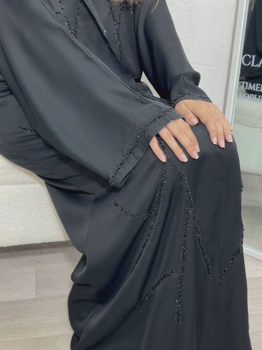 Abaya Dubaï noire à strass et perles