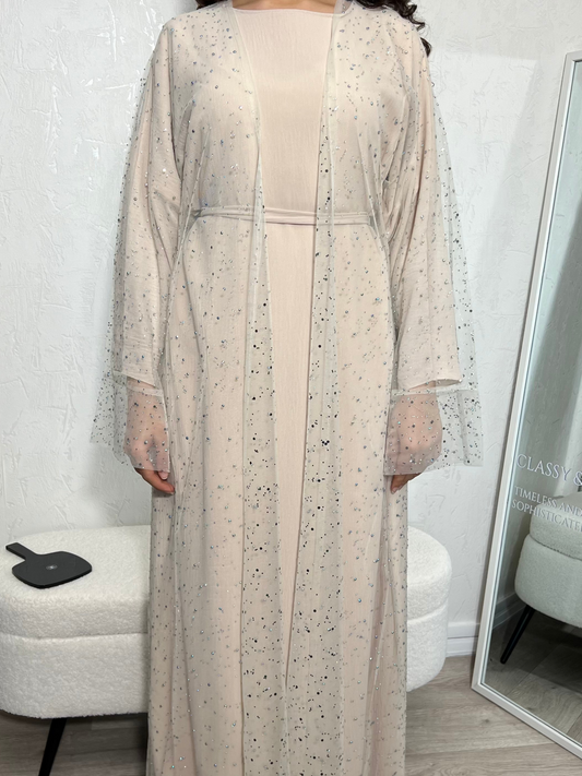 Abaya Dubaï beige / rose / nude à strass