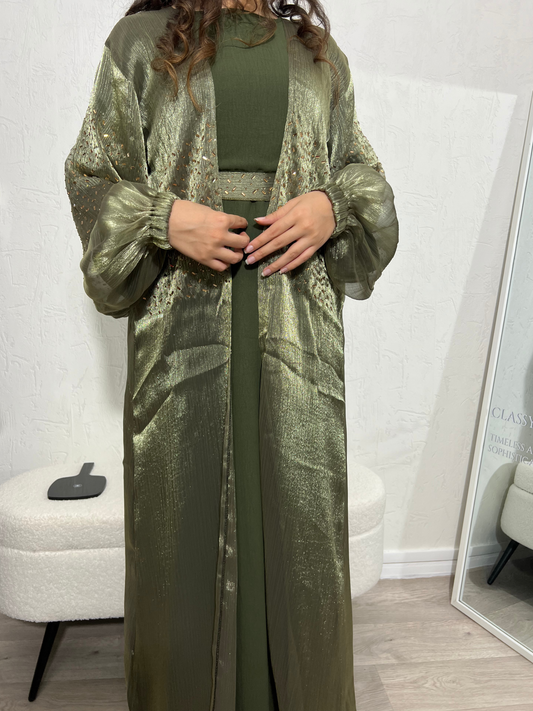 Abaya Dubaï verte à strass