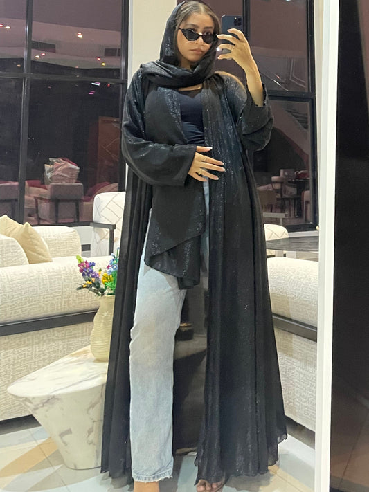 abaya dubaï noire brillante évasée