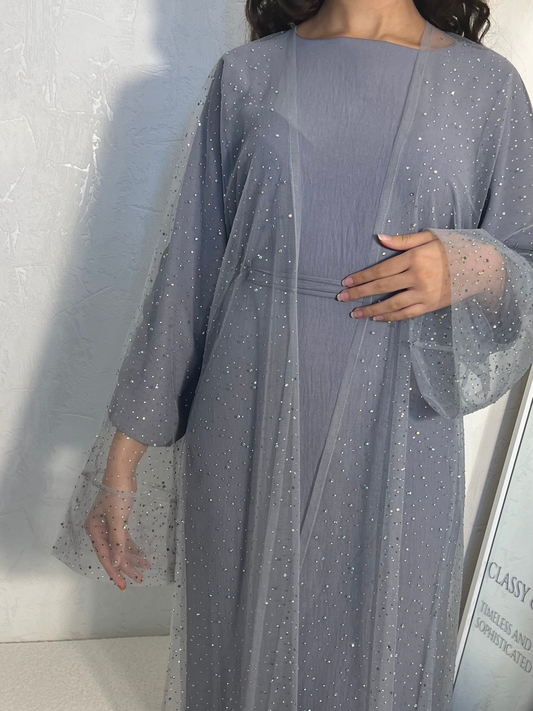 Abaya Dubaï bleue nuit/gris à strass