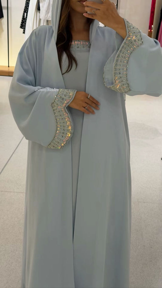 Baby Blue Pearl Abaya - 3 pièces